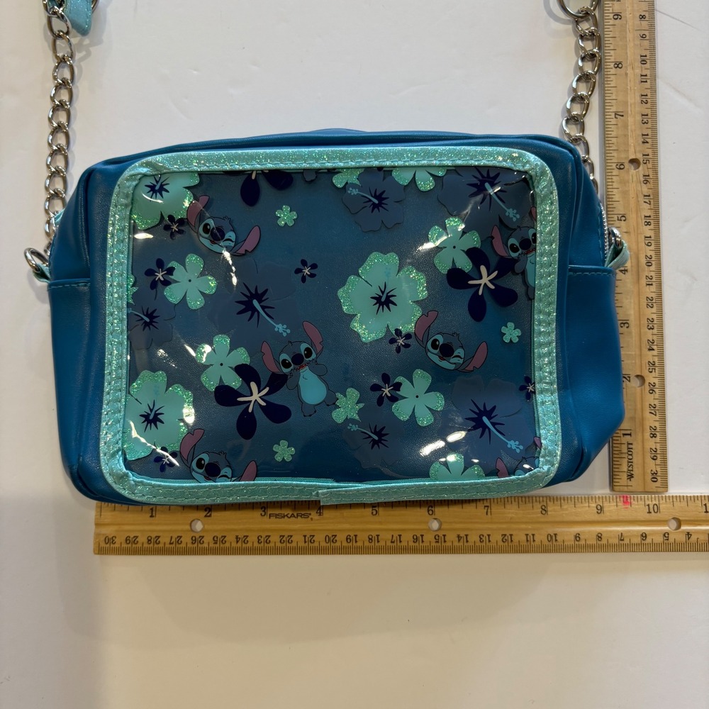 Disney Lilo & Stitch Girls BlueCrossbody Bag Floral Glitter Clear Window  Purse - Picture 4 of 5